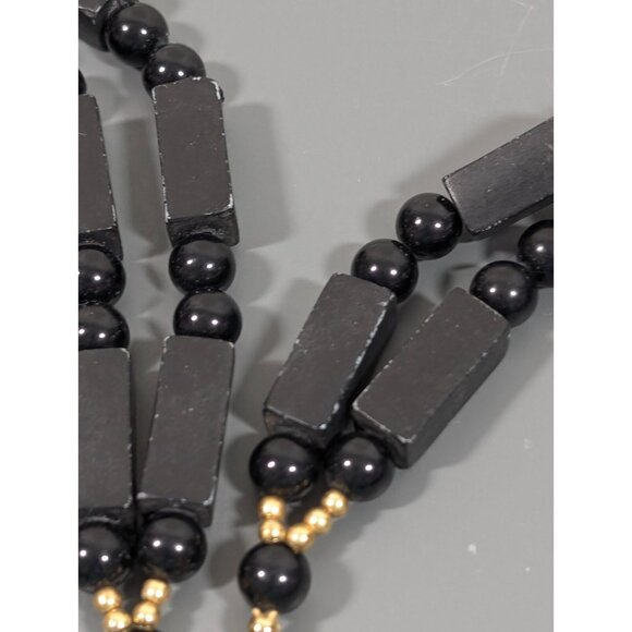Vintage Japan Black Gold tone Double Strand Beaded Long Bold Necklace 30 in - Picture 7 of 16